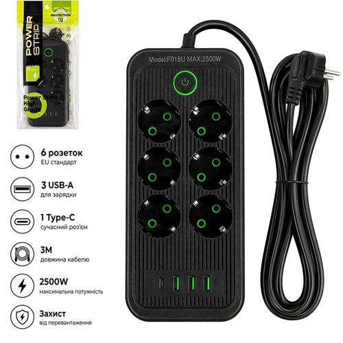 Мережевий фільтр подовжувач 3м на 6 розеток із 3 USB + 1 Type-C з кнопкою чорний