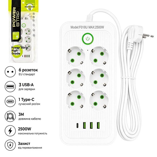 Мережевий фільтр подовжувач 3м на 6 розеток із 3 USB + 1 Type-C з кнопкою білий