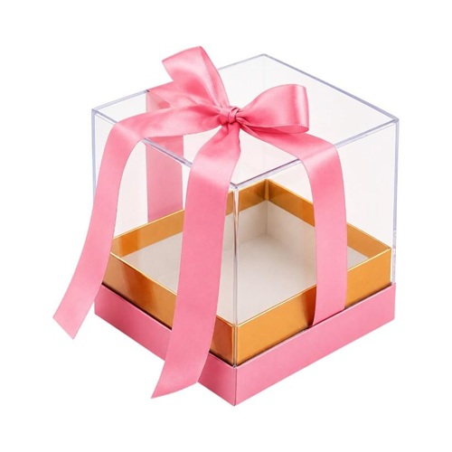 Подарункова коробка 15*15*14,5см з прозорою кришкою та атласною стрічкою Pink