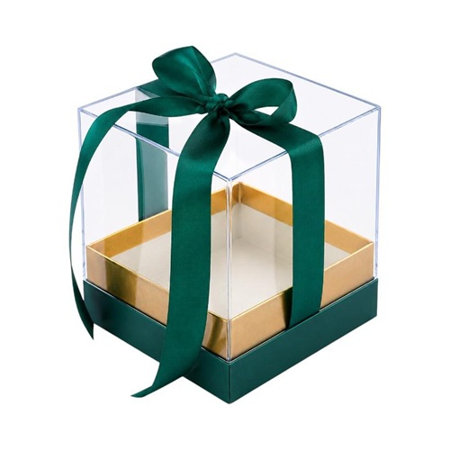 Подарункова коробка 15*15*14,5см з прозорою кришкою та атласною стрічкою Dark Green