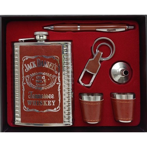 Набор подарочный-фляга 240мл+2рюмки+лейка+брелок+ручка шариковая "Jack Daniels" нерж.сталь в коже