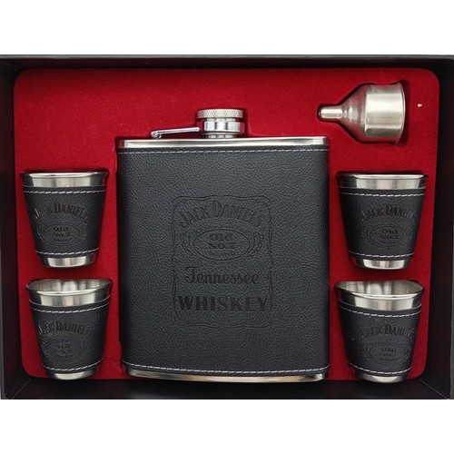 Набор подарочный-фляга 540мл, 4чарки, лейка "Jack Daniels" нерж.сталь в коже