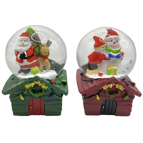 Сувенір світящ."Куля снігова 65мм - Санта, Сніговик на будиночку"