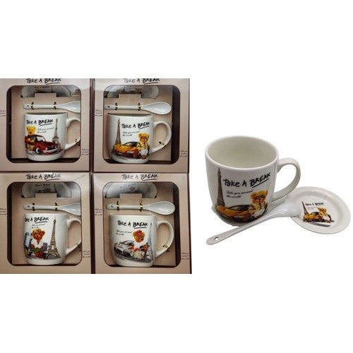 Чашка керамічна 350мл "Стильний Ведмедик" з блюдцем, ложкою