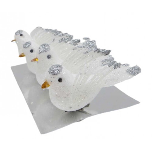 Набор игрушек с клипсой д/декора "Птички белые с серебром-4шт." 9,5см уп.PVC