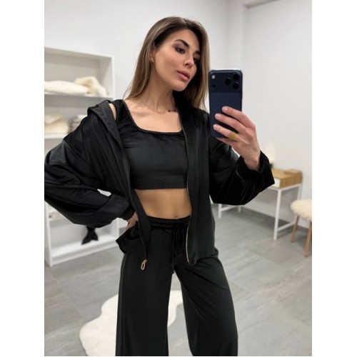 Жіночий велюровий костюм трійка (зипка+топ+штани)