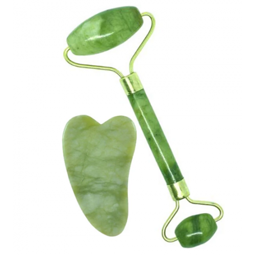 Набір нефритовий ролер масажер для обличчя та скребок гуаша 2в1