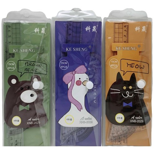 Набор линеек 4 предмета "Зверюшки" (линейка 20см, треугольник-2 штуки, транспортир) в конв.ПВХ