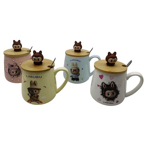 Чашка керамічна 400мл "Лабубу" з бамбуковою кришкою, ложкою