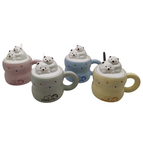 Чашка керамическая 380мл "Мишки" с крышкой, ложкой