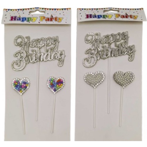 Топпер-3D 3шт. "Happy birthday - стразы" 16см +2 сердца