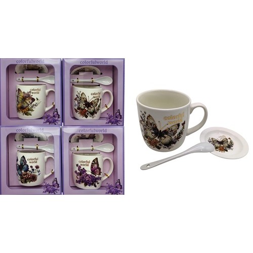 Чашка керамічна 350мл "Метелики" з блюдцем, ложкою