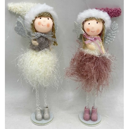 Іграшка декор новорічна "Янголятко в ковпачку з бантиком стоїть" 18см