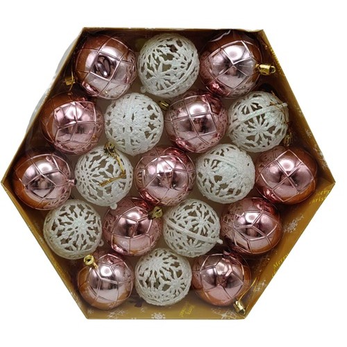 Набір іграшок на ялинку "Кулі рожевий шампань,білі Ø6см" у коробці 19шт