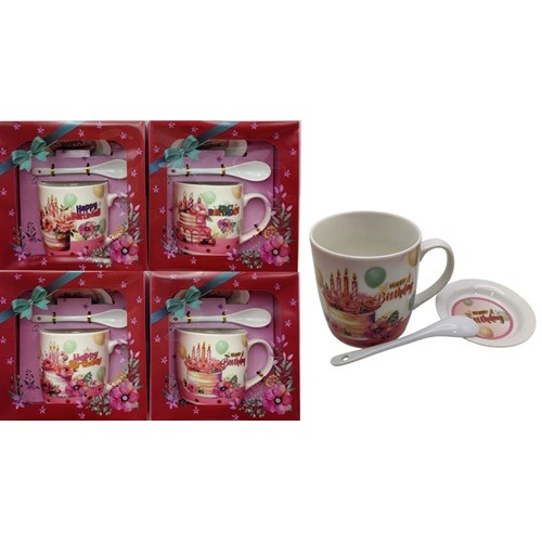 Чашка керамічна 350мл "З Днем Народження" з блюдцем, ложкою