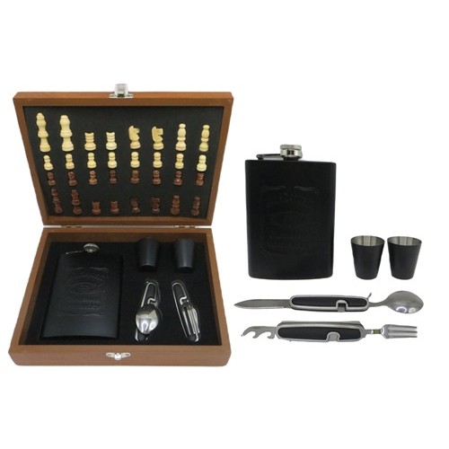 Набор подарочный-фляга 240мл +шахматы+2рюмки+складн.ведёлка,ложка "Jack Daniels" нерж.сталь