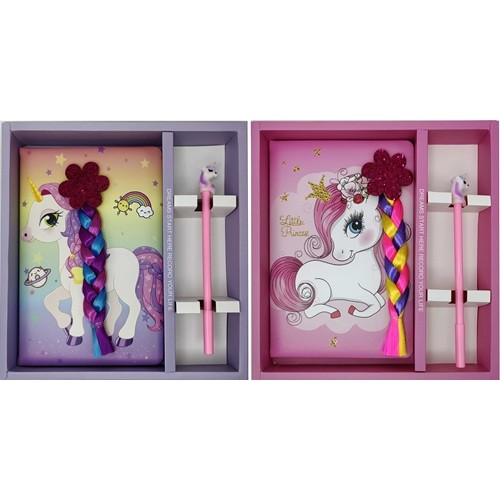 Набір подарунковий "Єдиноріг з косою" блокнот А5, 80арк.клітинка +ручка гельова в коробці