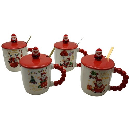 Чашка керамическая 340мл "Санта объемно-золотые надписи" с крышкой, ложкой