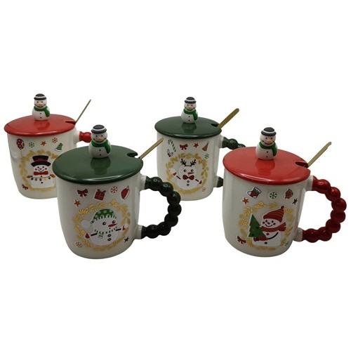 Чашка керамічна 340мл "Сніговик об'ємний - в золоті" з кришкою, ложкою