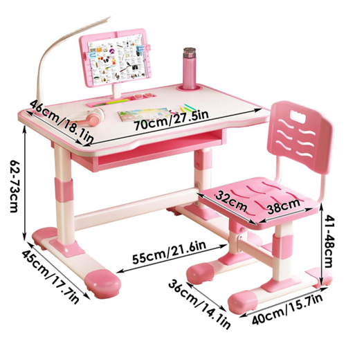 Дитяча парта зі стільцем регульована з лампою та підставкою для книг, рожева 70*46см