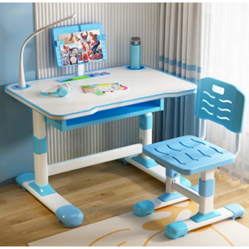 Дитяча парта зі стільцем регульована з лампою та підставкою для книг, синя 70*46см