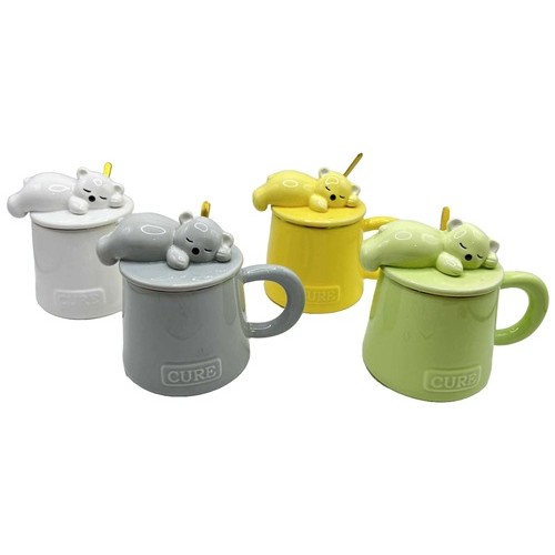 Чашка керамічна 390мл "Ведмедик спить" з кришкою, мет.ложкою