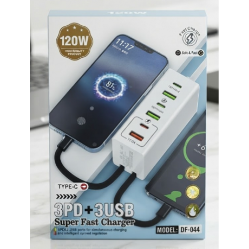 Мережевий зарядний пристрій 120W з 3 USB і 3 Type-C, швидке заряджання, універсальний адаптер живлення