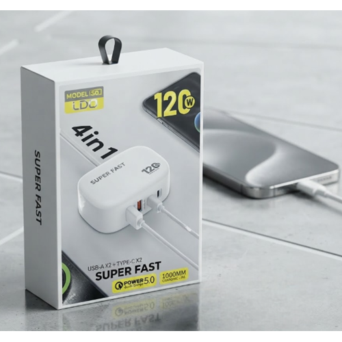 Мережевий зарядний пристрій 120 W 4 в 1, USB-A + 2 × USB-C, швидке заряджання, універсальний адаптер живлення