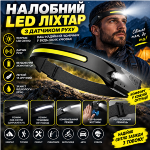 Светодиодный LED фонарь налобный с аккумулятором и датчиком движения
