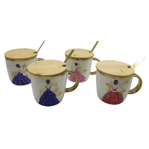 Чашка керамическая 400мл "Девушка" с крышкой-бамбук, зол.ложкой