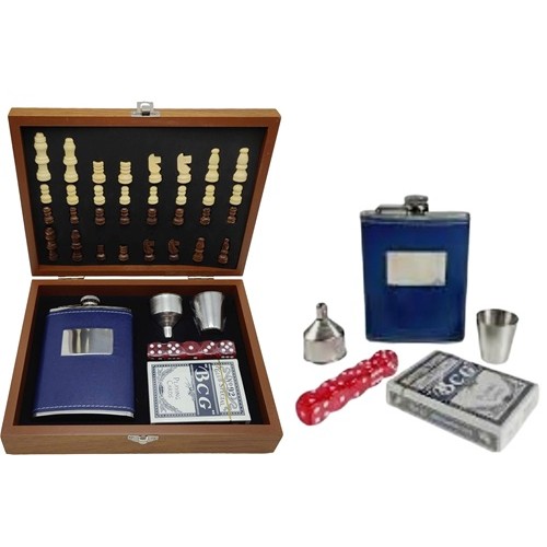 Набор подарочный - фляга 240мл+шахматы+карты+кости+рюмка+лейка, нерж.сталь в коже
