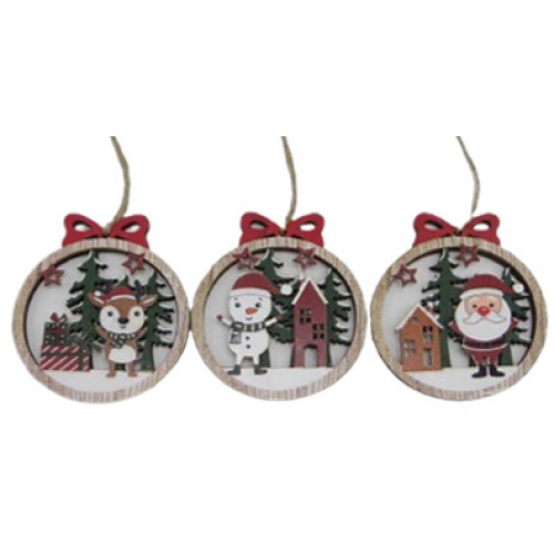 Підвіска новорічна дерев'яна "Куля з ялинками-Санта, Сніговик, Олень" 9*11см