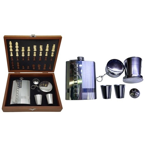 Набор подарочный - фляга 240мл+шахматы+2рюмки+лейка+пепельница, нерж.сталь
