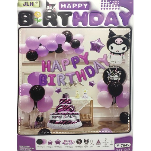 Фотозона з повітряних кульок 48шт.-Happy Birthday-Kuromi 85см, фольгов., латексн.кулі.,кулі-літери,стрічка-скотч