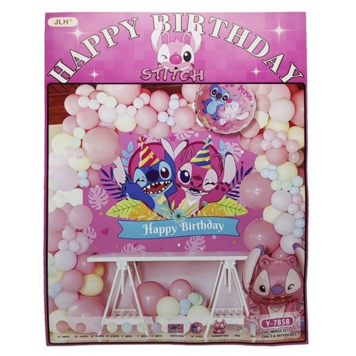 Фотозона з повітряних кульок - Happy Birthday- "Стіч" кулі 67шт., плакат-рожева