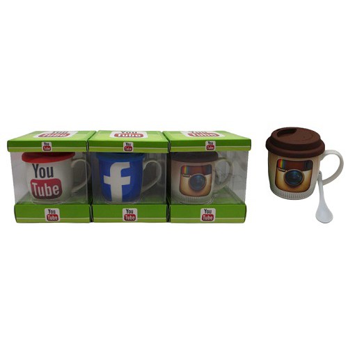 Чашка керамическая 370мл из силика. крышкой "Youtube,Instagram,Facebook"+ложка