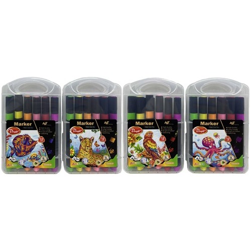 Скетч-маркер з пензлем тригранний 12 кол."Тваринний світ" у пласт.кор.