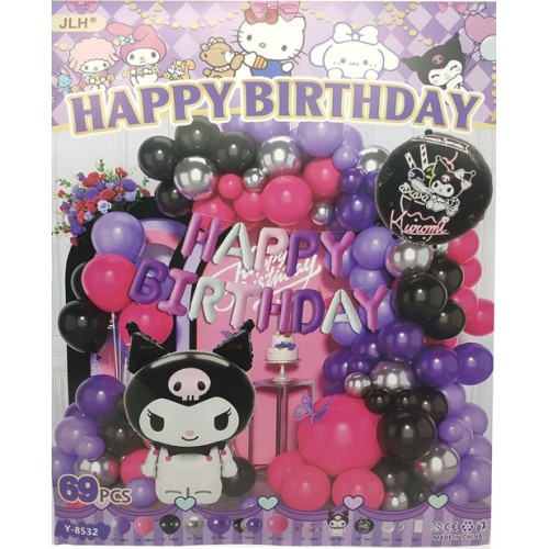 Фотозона з повітряних куль 69шт.-Happy Birthday-Kuromi 50см, фольгов., латексн.кулі.,кулі-літери,стрічка-скотч