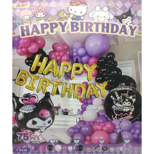 Фотозона з повітряних кульок 75шт.-Happy Birthday-Kuromi 78см, фольгов., латексн.кулі.,кулі-літери,стрічка-скотч