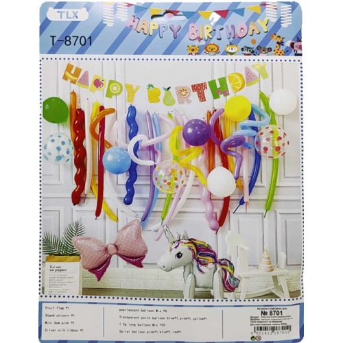 Фотозона з повітряних кульок - Happy Birthday "Єдиноріг 70см, Бантік 37см" + довгі,спіральні кулі
