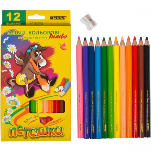 Набір кольорових олівців 12кол з точилкою JAMBO серія Пегашка MARCO