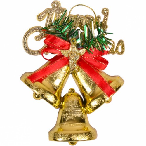 Новорічна підвісна прикраса у вигляді трьох різьблених золотих дзвіночків 14*10,5см, пластик