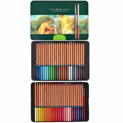 Набор цветных художественных водорастворимых карандашей 48цв+кисточка, B, ⌀3,7мм  "Renoir Fine Art Aqua" в металлической коробке Marco