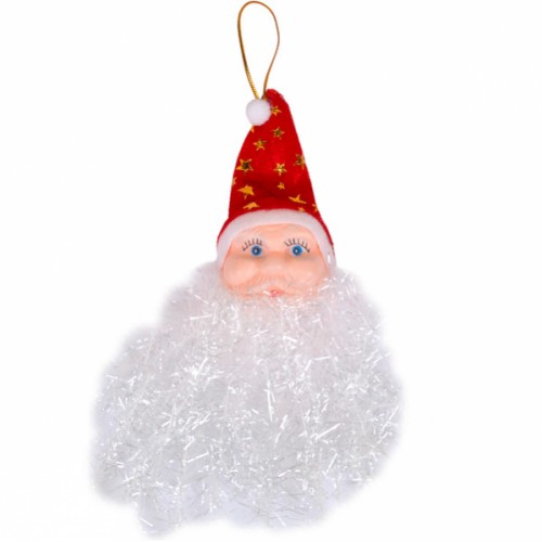 Подвеска - Голова Деда Мороза с бородой из мишуры, пластиковым лицом, 18см
