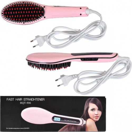 Электрическая расческа-выпрямитель Fast Hair Straightener с LCD дисплеем, розовая