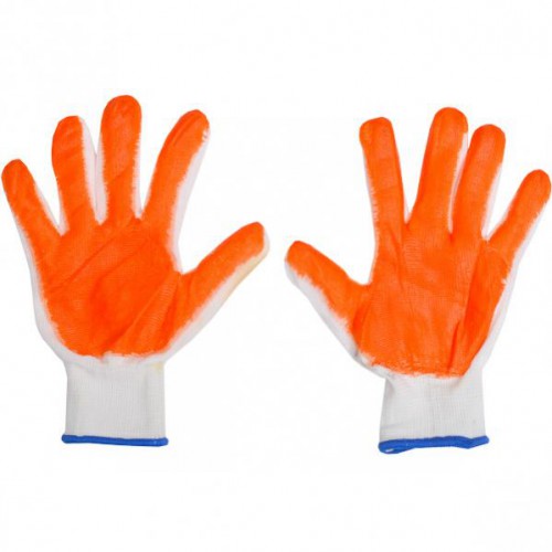 Перчатки для работы, тканные, синтетические с резиновым (оранжевым) обливом улучшающим сцепление
